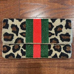 Leopard and red/ green beaded clutch / bag